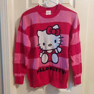 Womens 2022 EUC Hello Kitty Sanrio Pink & Red Striped Logo Sweater Sz Medium